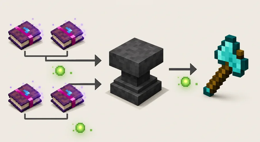 Editorial step-flow illustration of enchanted books grouped before being applied to a Minecraft axe at an anvil