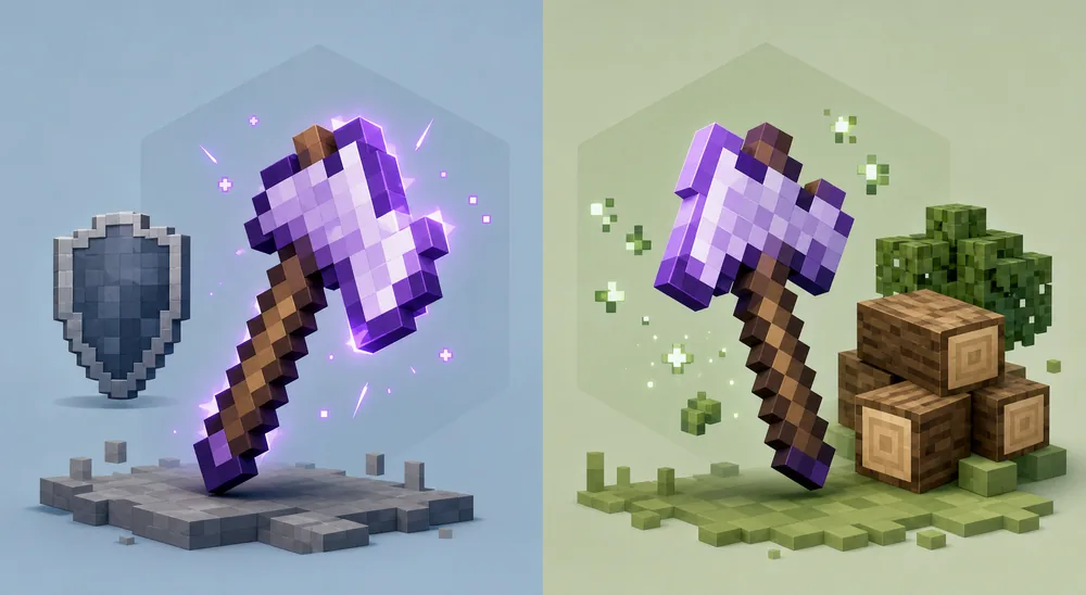 Editorial comparison of a Minecraft combat axe and utility axe with blocky shield, logs, leaves, and enchantment particles