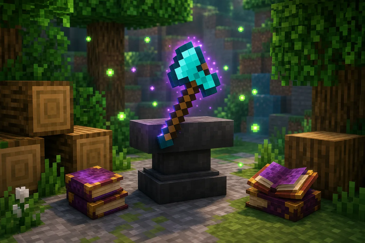 Editorial illustration of an enchanted Minecraft axe with books, logs, an anvil, and XP particles