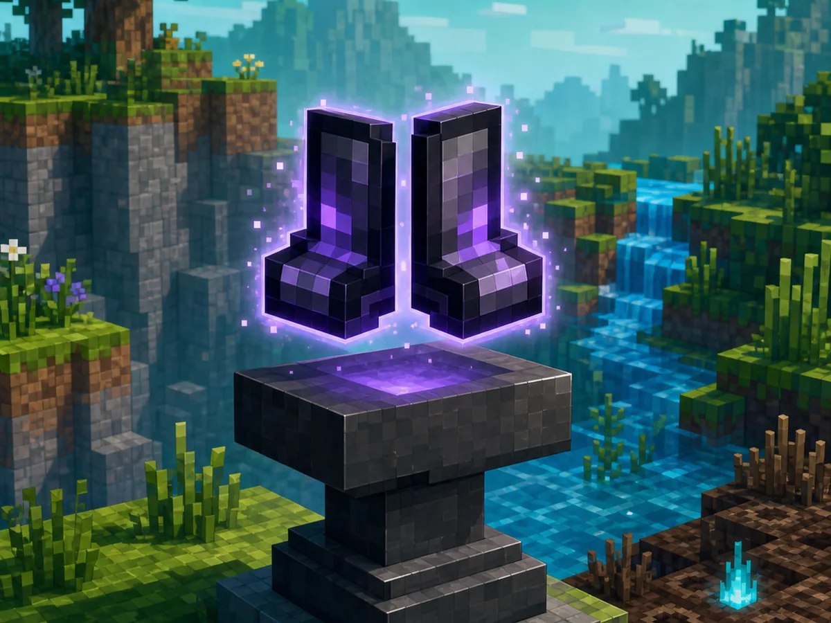 Editorial illustration of enchanted voxel boots above an anvil between cliffs, water, and soul terrain