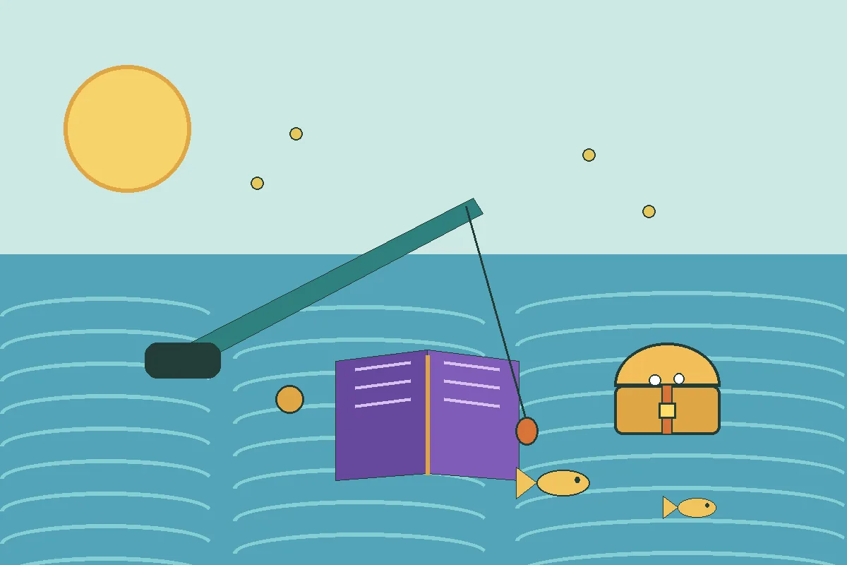Enchanted Minecraft fishing rod beside treasure, fishing bobber, and enchanted books
