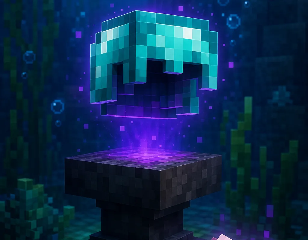 Editorial illustration of an enchanted voxel helmet floating above an anvil underwater