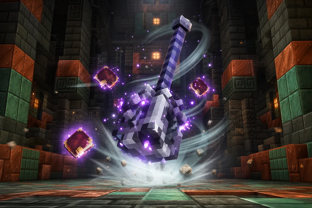 Editorial illustration of an enchanted Minecraft mace with books and wind particles