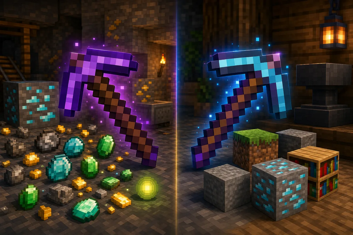 Best Minecraft pickaxe enchantments comparing Fortune and Silk Touch pickaxe builds