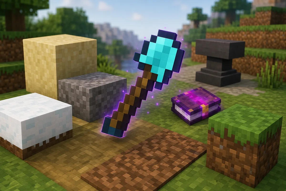 Editorial illustration of an enchanted Minecraft shovel with sand gravel snow grass and an anvil