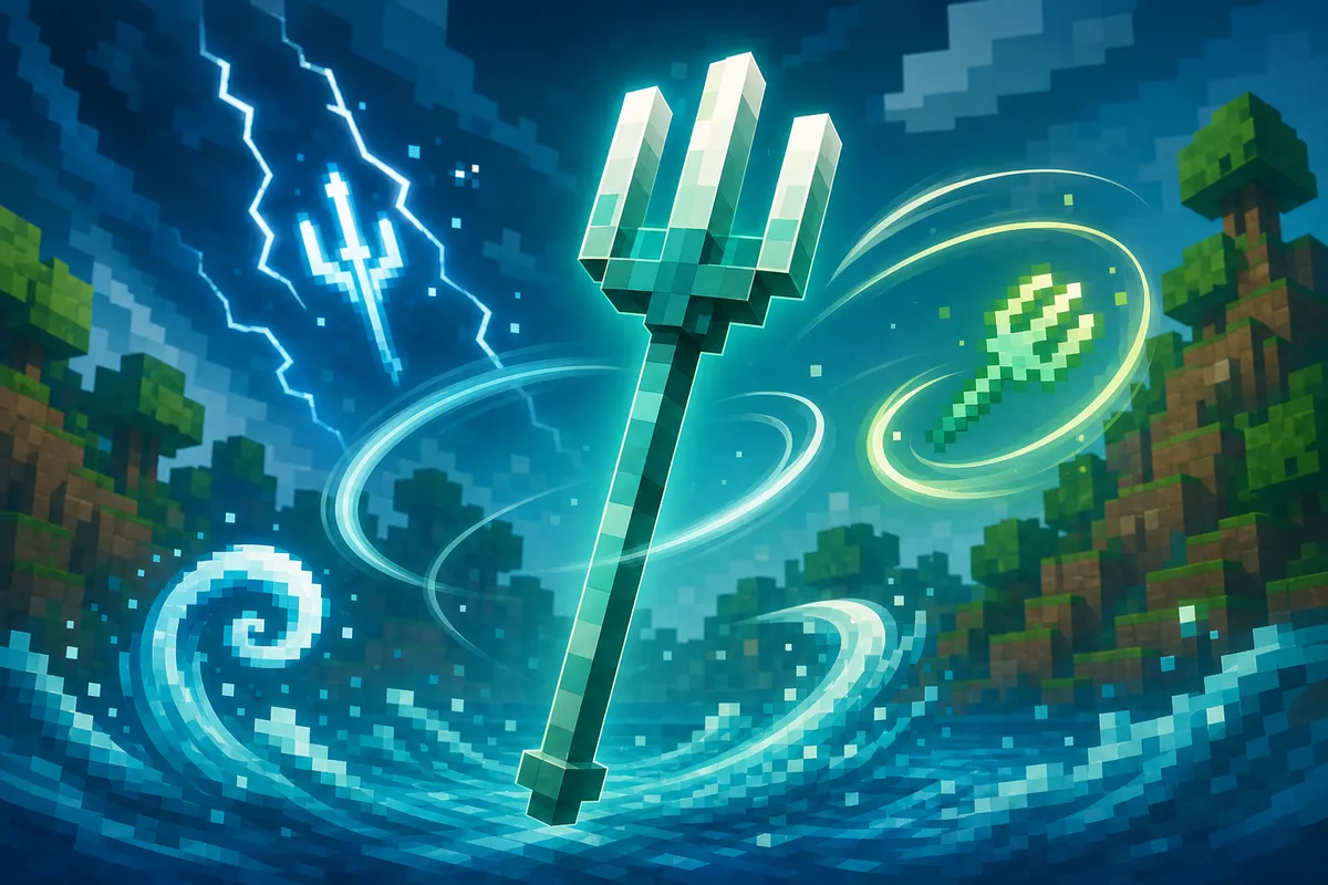 Best Minecraft trident enchantments guide illustration with Loyalty Riptide Channeling and Impaling themes