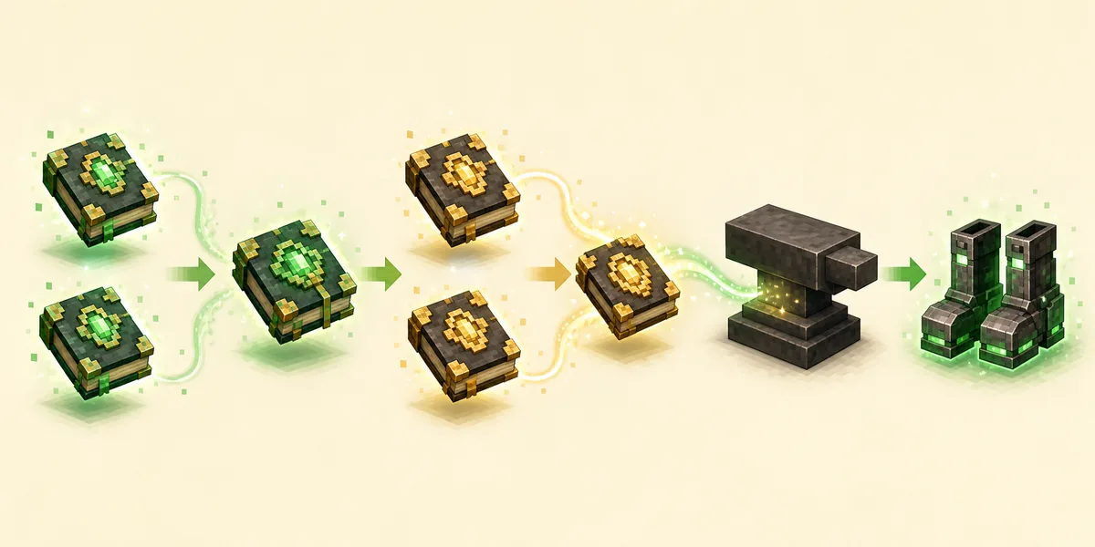 Editorial flow showing enchanted books combined in balanced groups before reaching boots at an anvil
