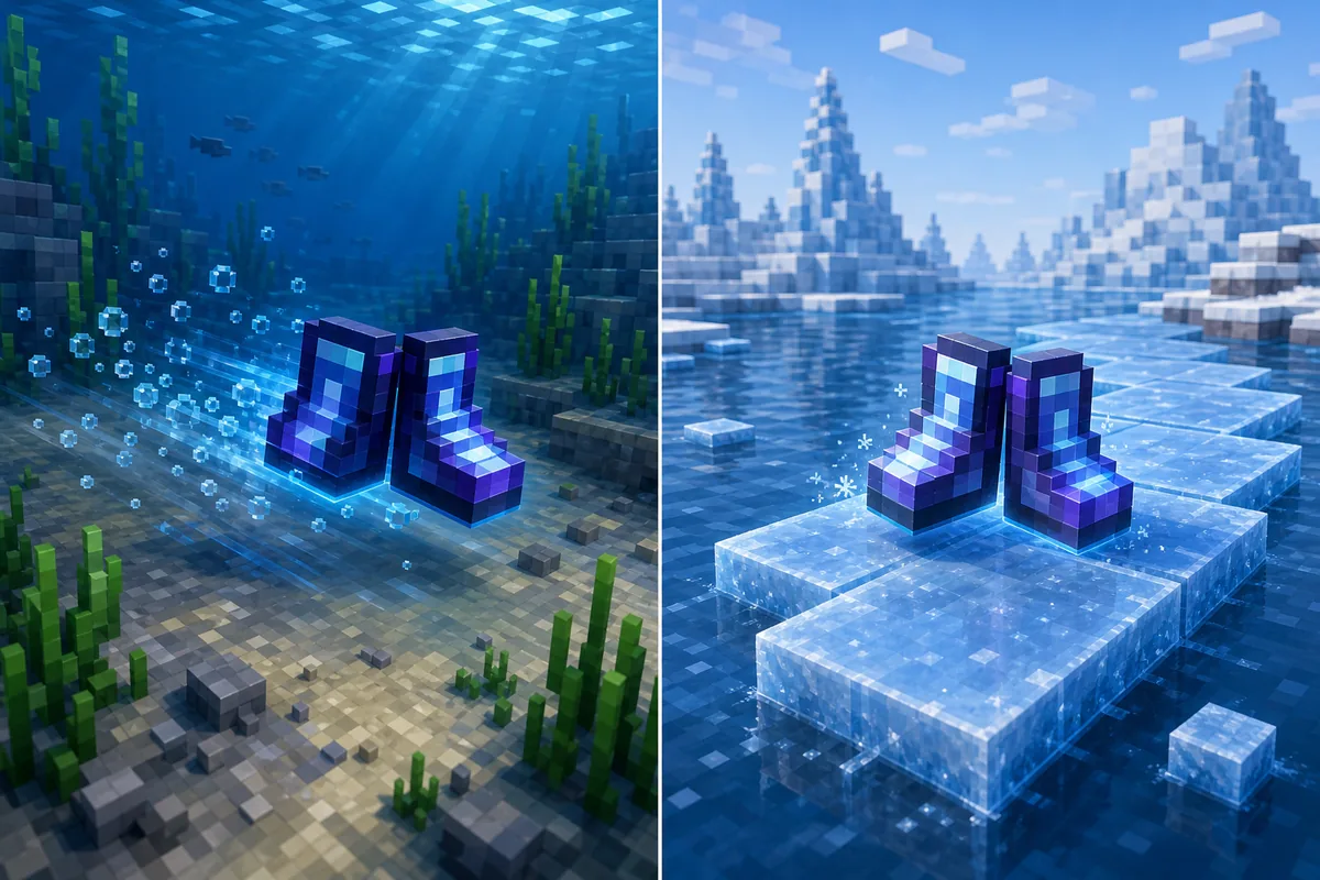 Editorial split comparison of enchanted boots moving underwater and crossing an ice path