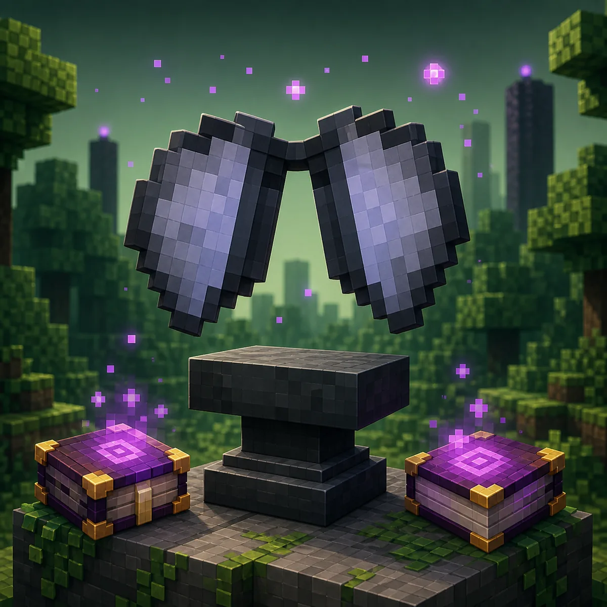 Editorial illustration of an Elytra above an anvil and enchanted gear