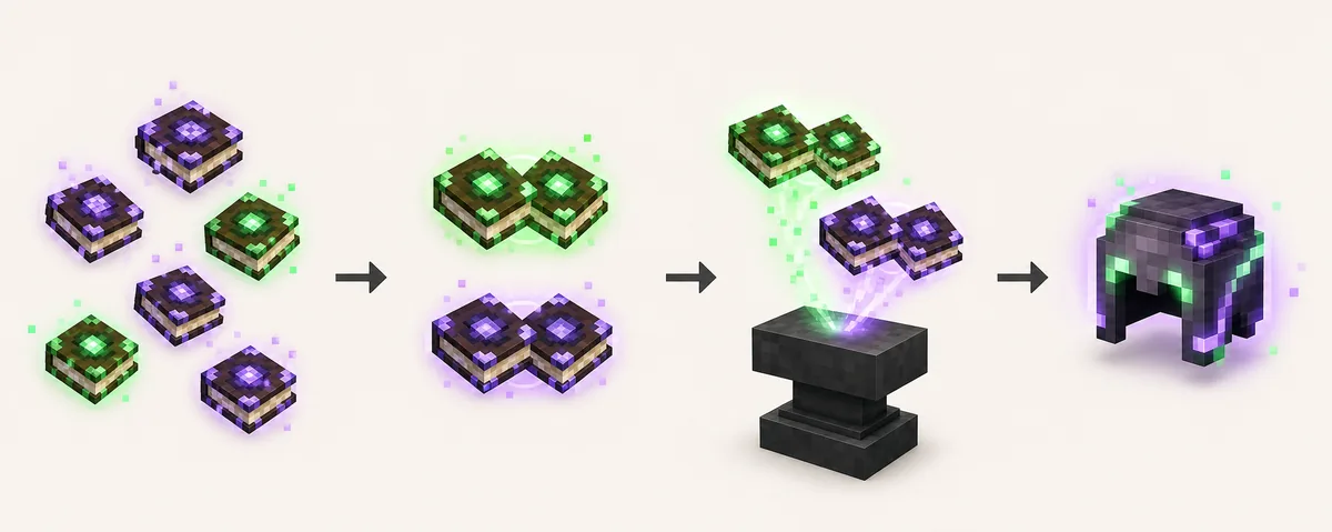 Editorial flow of enchanted books combined in pairs at an anvil before reaching a finished voxel helmet