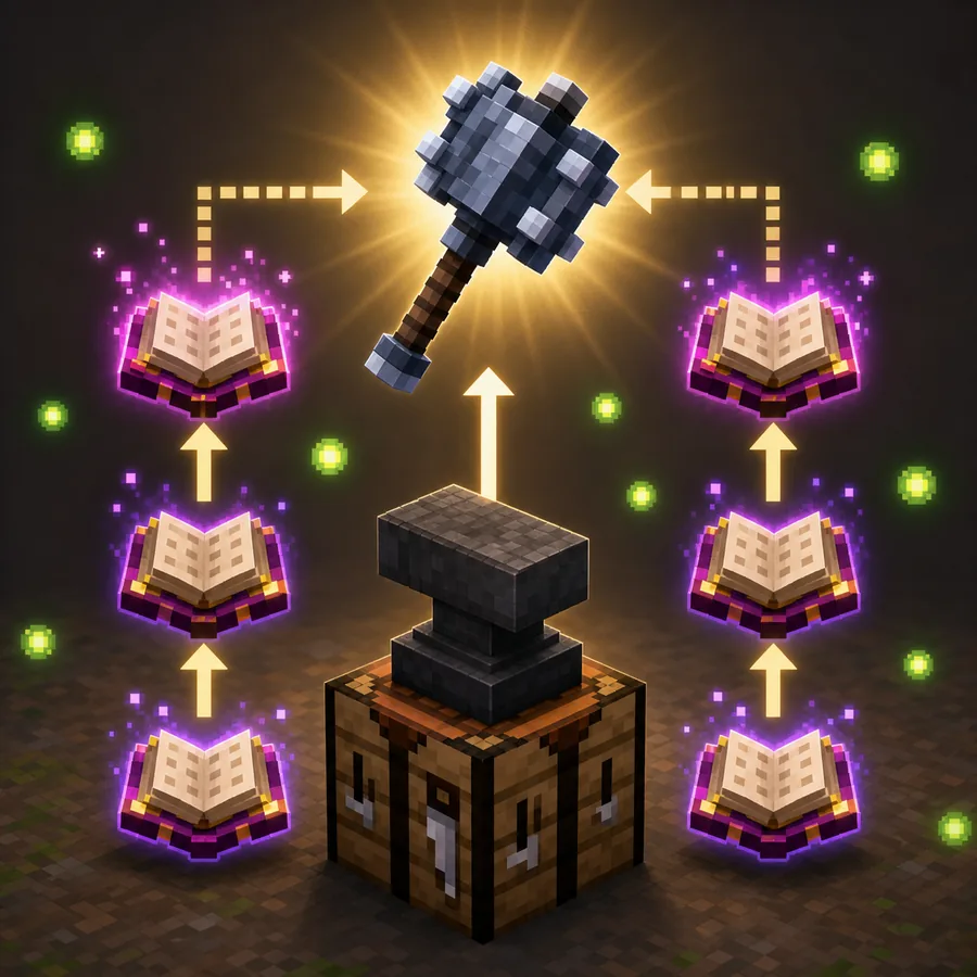 Editorial illustration of an anvil with enchanted books grouped before applying them to a mace