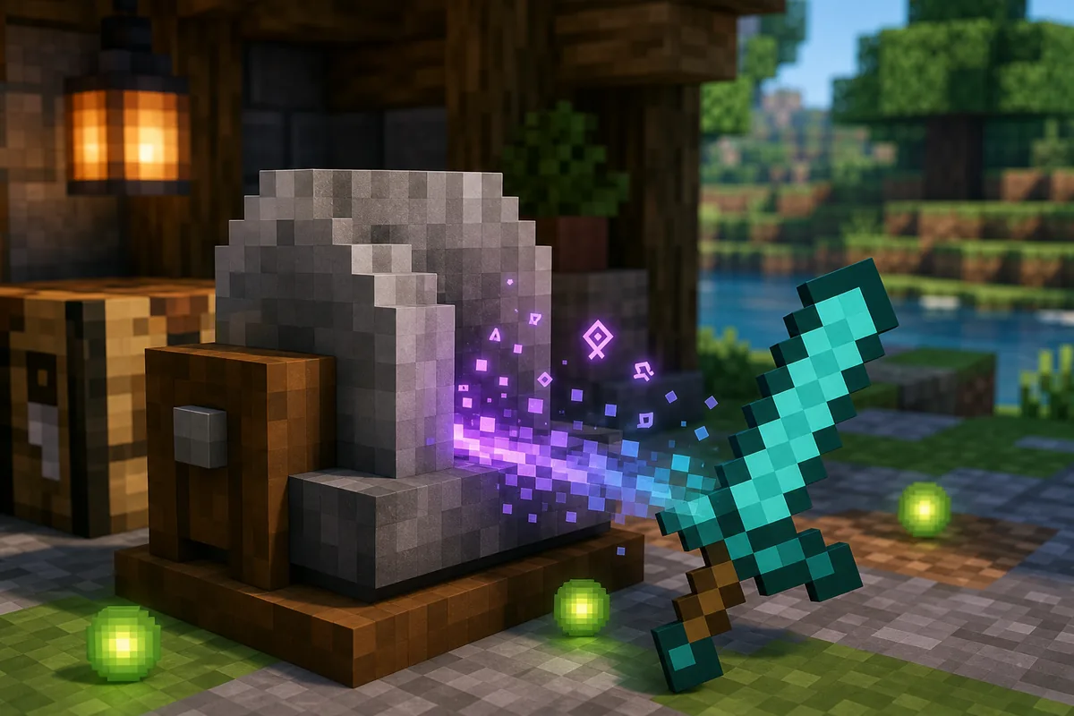 Illustrative Minecraft-style grindstone removing a purple enchantment glow from a diamond sword