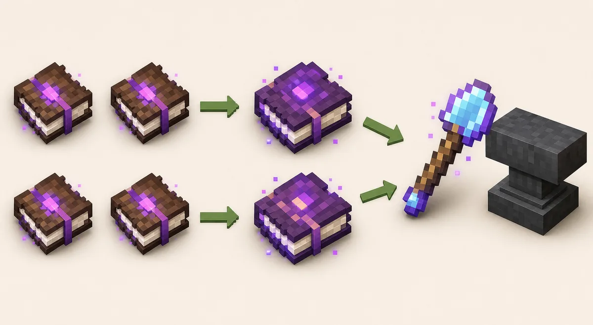 Editorial flow showing enchanted books combined in balanced pairs before being applied to a Minecraft shovel