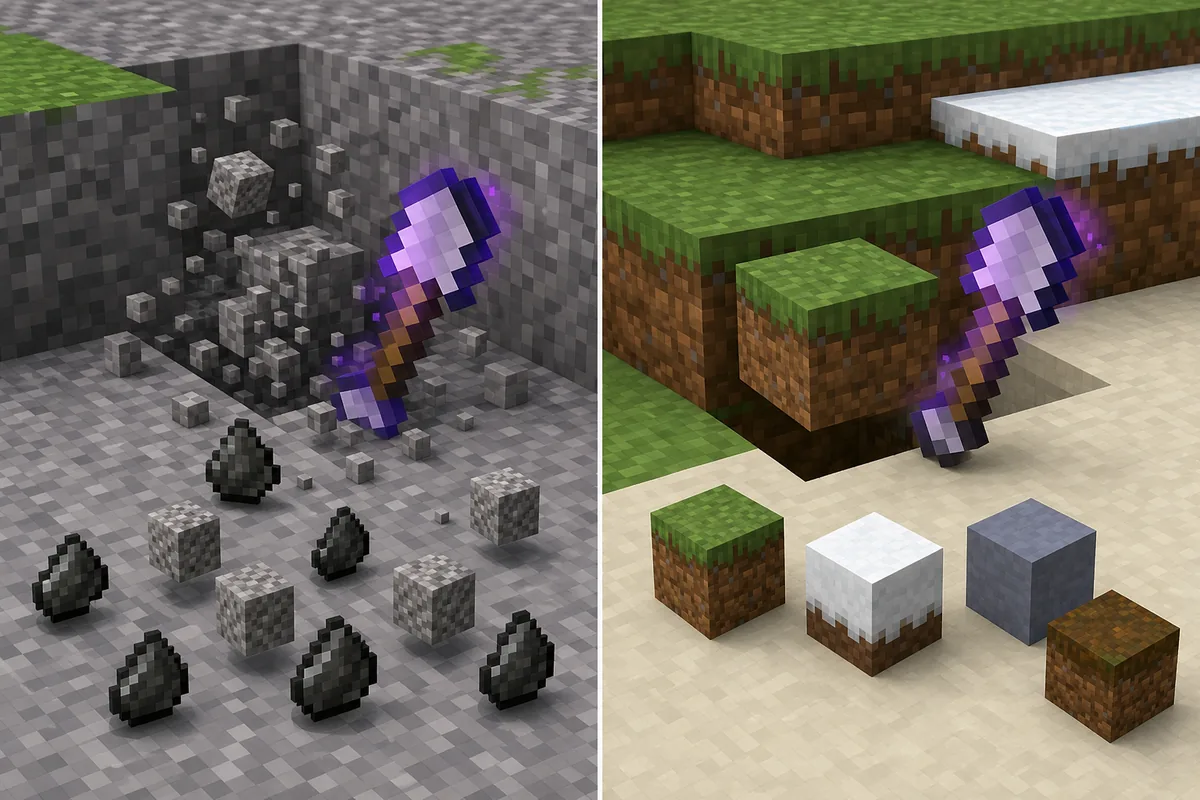 Editorial comparison of Fortune gravel and flint drops versus Silk Touch terrain blocks for Minecraft shovels