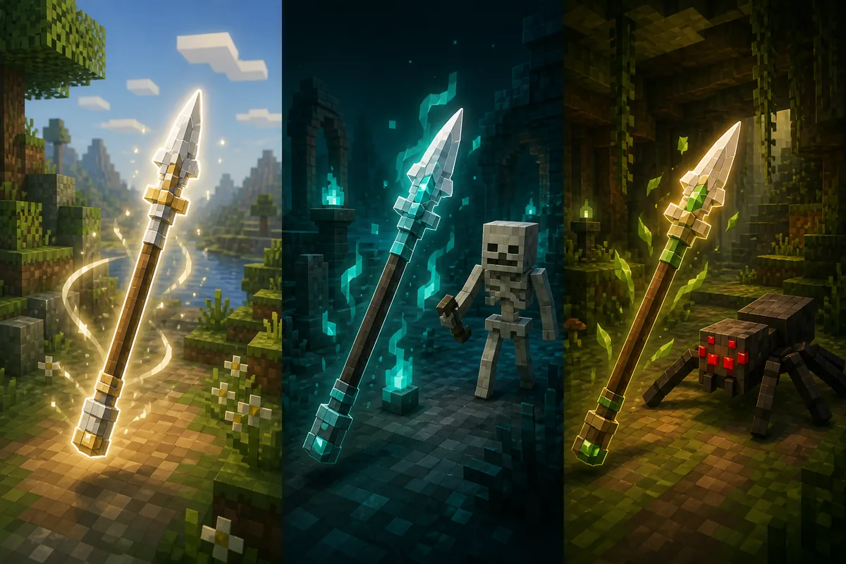 Non-official editorial comparison of a general spear, an undead-focused spear, and an arthropod-focused spear