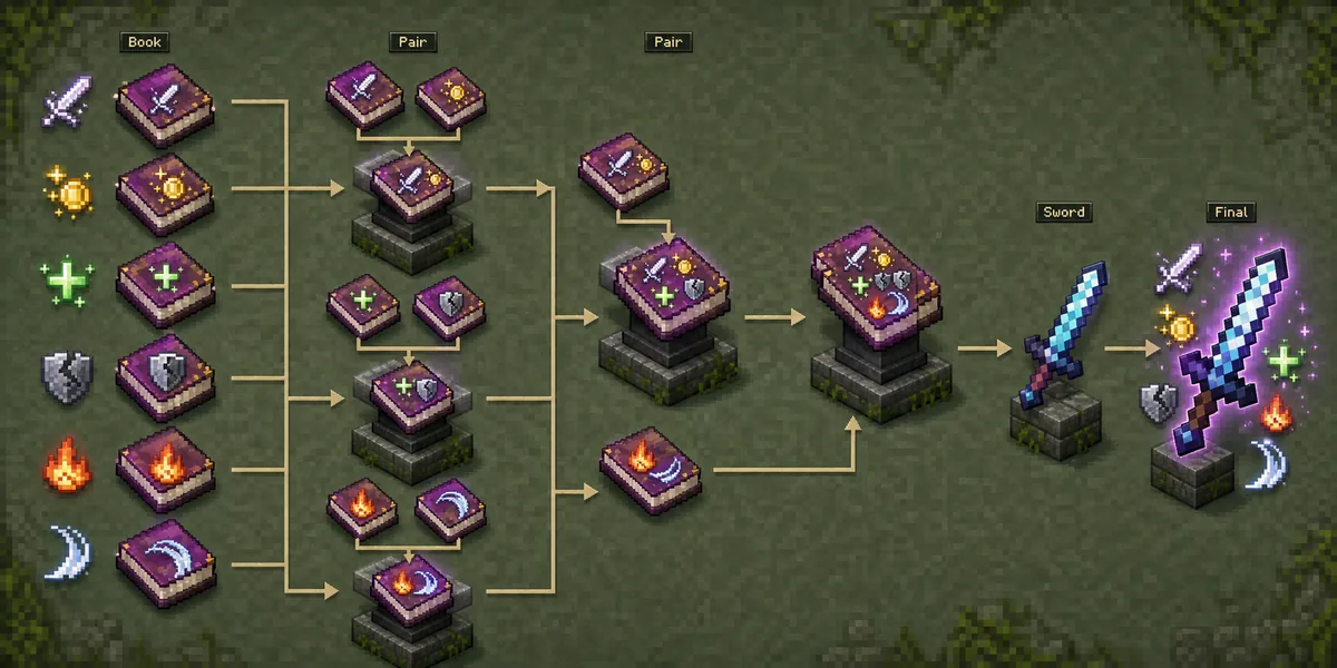 Editorial diagram showing Minecraft sword enchantment books combined in balanced pairs before the final sword