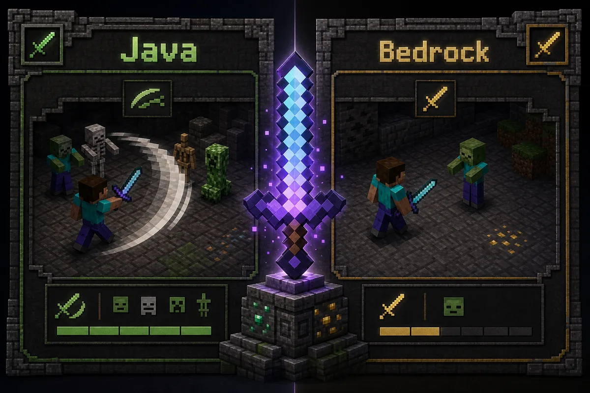 Editorial comparison of Java and Bedrock Minecraft sword enchantment differences with Sweeping Edge shown on Java