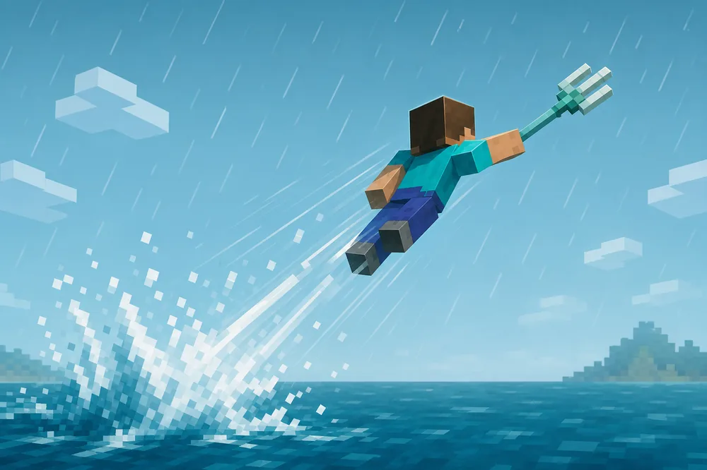 Illustration of a Riptide trident launching a player through rain and water